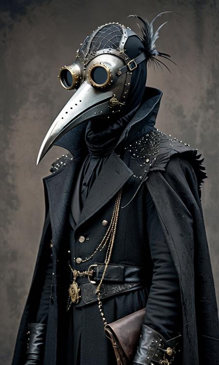 43187147-4201485290-plague doctor in Victorian attire, textured coat with rivet embellishments, elongated beak mask with a single gleaming eye, star.png